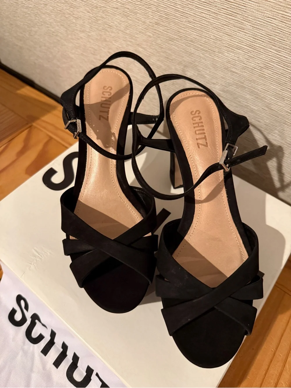 Schutz Keefa Black Platform Ankle-Strap Sandals